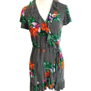 WHO WHAT WEAR Paradise Stripe Tropical Hawaiian Floral Ruffle Wrap Dress Size S